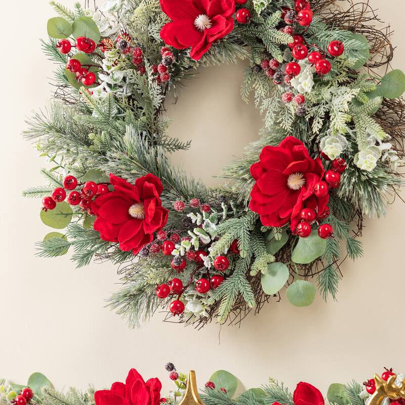 Glitzhome Christmas Red Mangnolia & Berry Wreath Garland Teardrop Hanging Decor