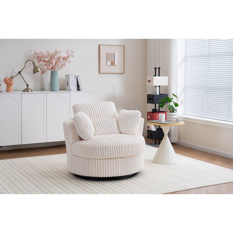 360 Degree Rotation Swivel Chair Corduroy Barrel Chair for Living Room with Pillows