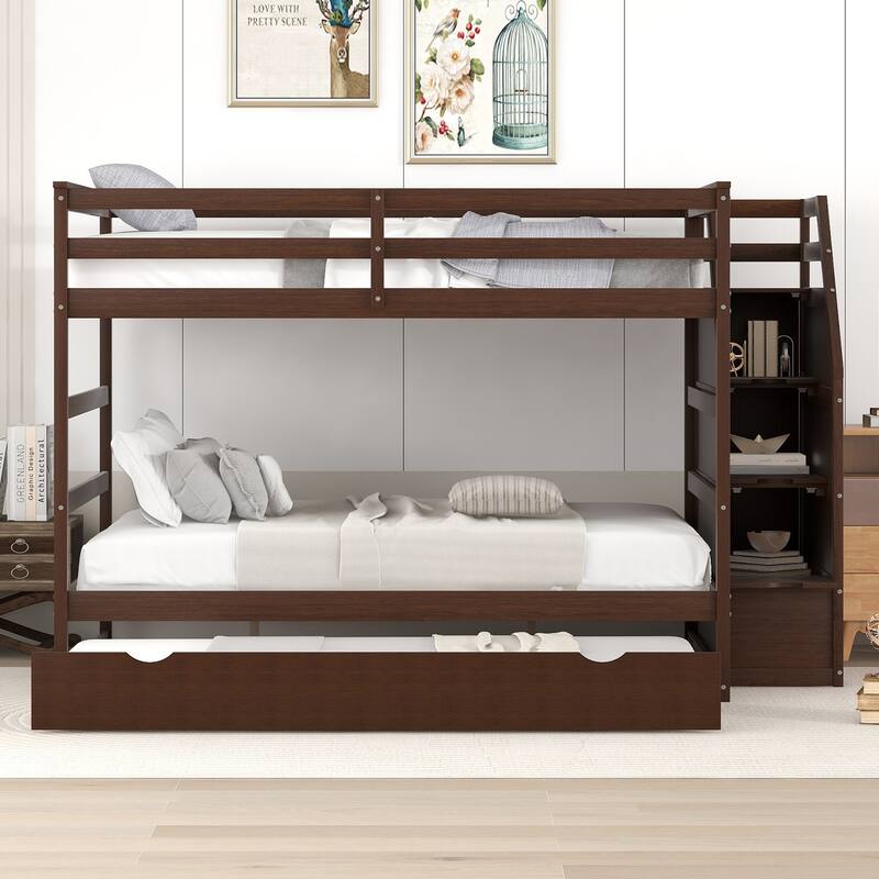 Bunk Bed with Trundle with Safety Guardrail and 3 Storage Stairs, Triple Bunk Multifunctional Space-Saving Solution for Bedroom