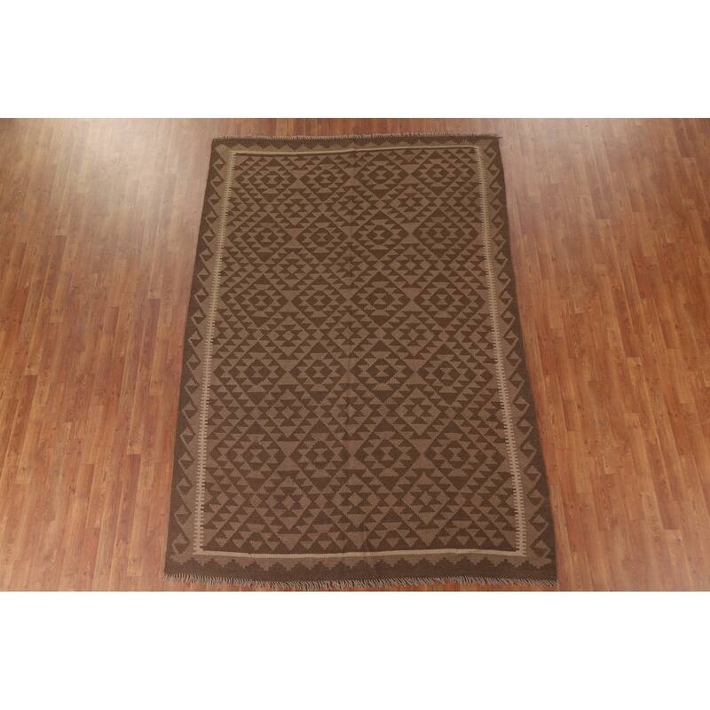 Hand Woven Oriental 100% Wool Carpet Southwestern Geometric Brown Kilim Area Rug - 9' 9'' X 6' 7''