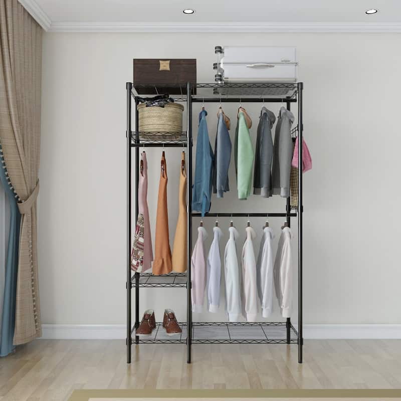 Closet Organizer Metal Garment Rack Portable Shelf Black