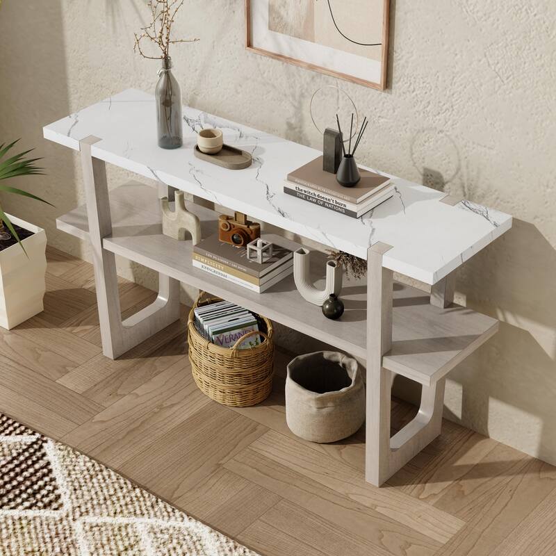 Elegant Console Table with Marble-Effect Top and Versatile Storage Solutions for Entryway and Living Room - Gray Wash