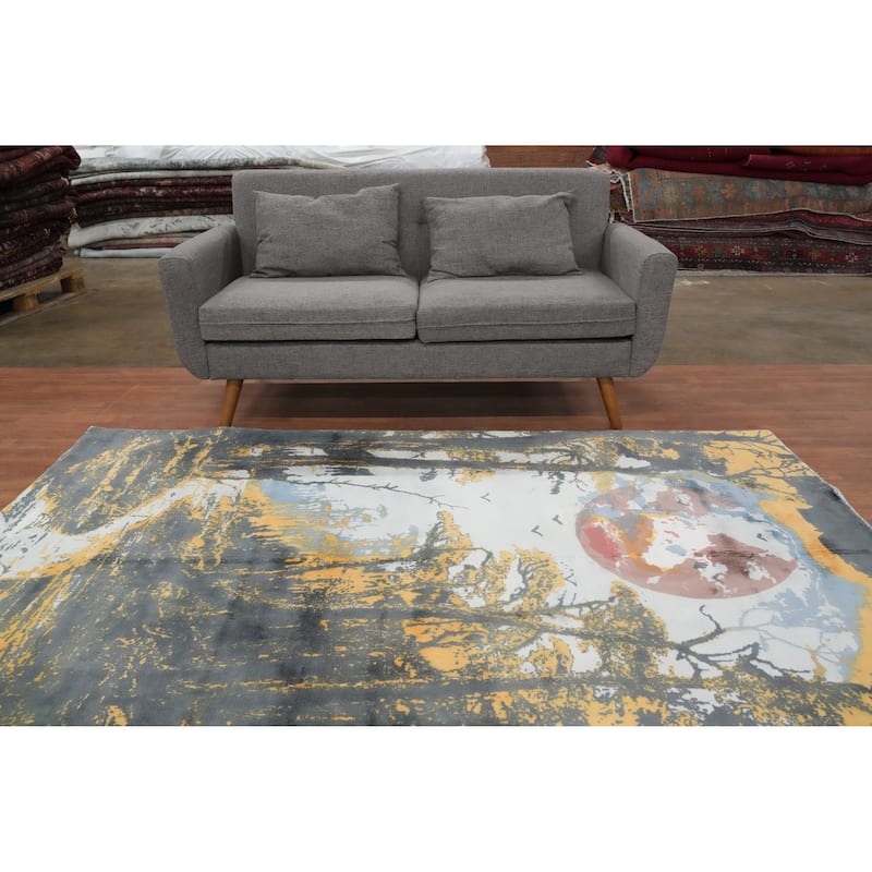 Hand Knotted Oriental Viscose Silk Carpet Modern Pictorial Multi-Colored Abstract Area Rug - 7' 8'' X 5' 7''