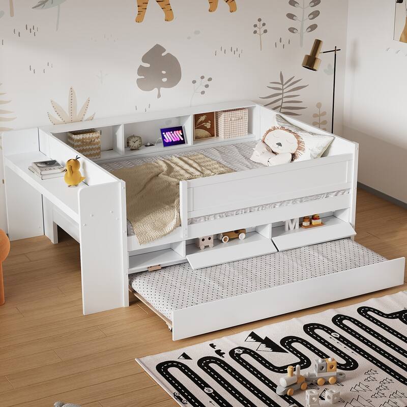 Roomfitters Twin Daybed with Trundle, Headboard Storage, USB Ports and Side Tables for Guest Room