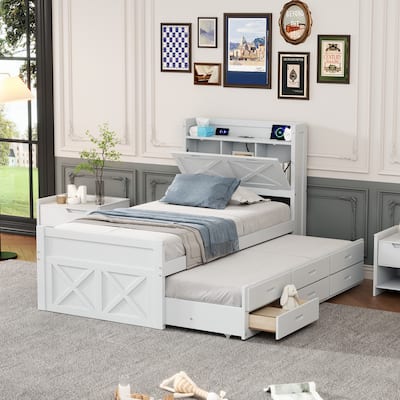 Twin Size Extendable Wooden Platform Bed with Storage Headboard, Three Drawers, and Trundle