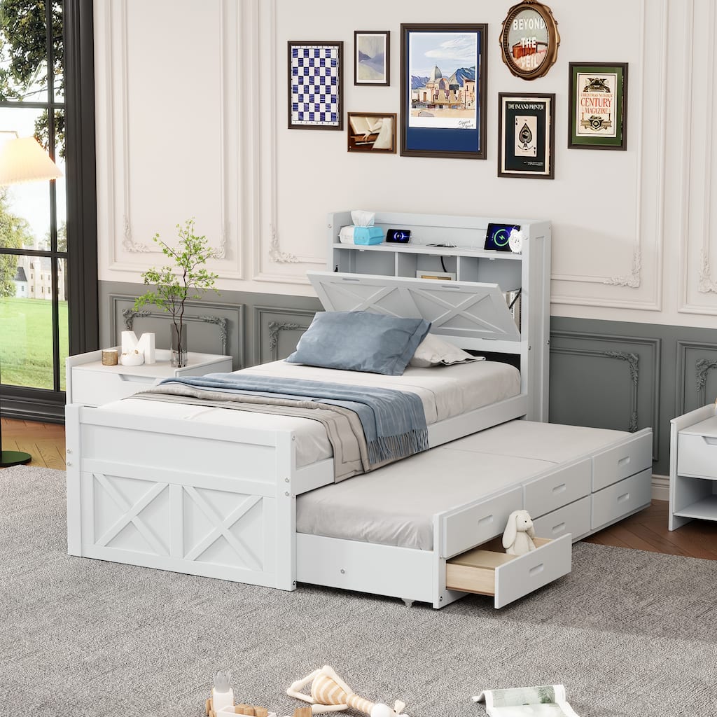 Twin Size Wooden Bed with Storage Headboard with Outlets, Extendable Bed with Twin Size Trundle with Three Storage Drawers,White