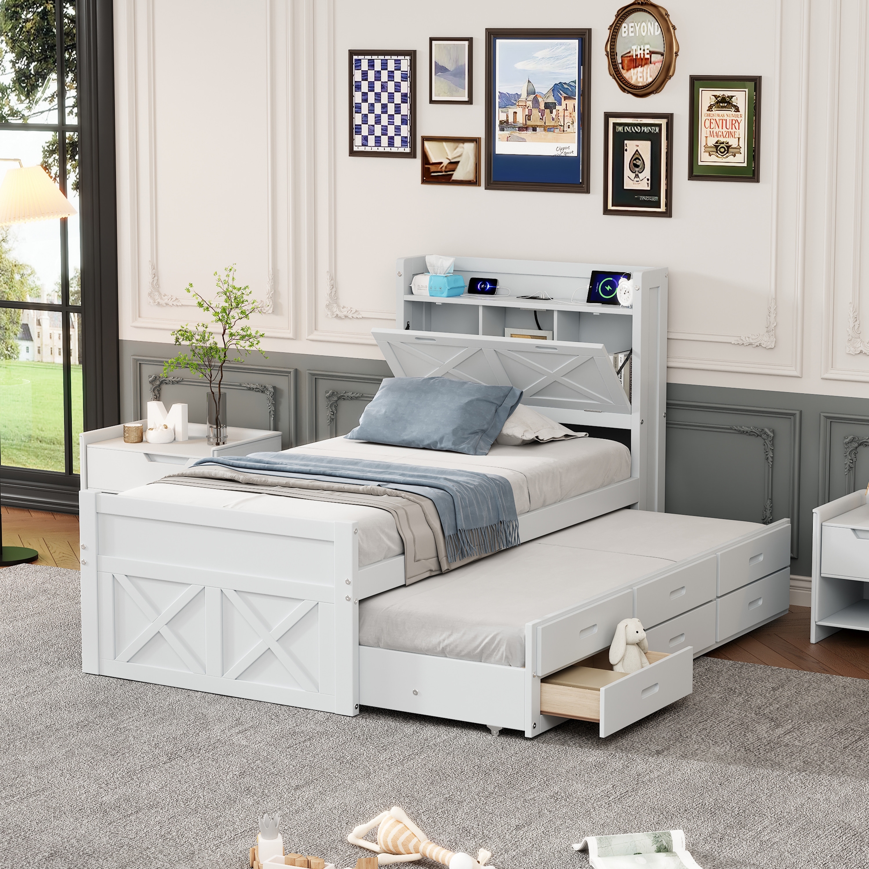 Twin Size Wooden Bed with Storage Headboard with Outlets, Extendable Bed with Twin Size Trundle with Three Storage Drawers