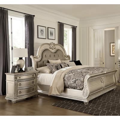 Traditional Bedroom 3pc Set Bed and Two Nightstands Silver Finish Furniture