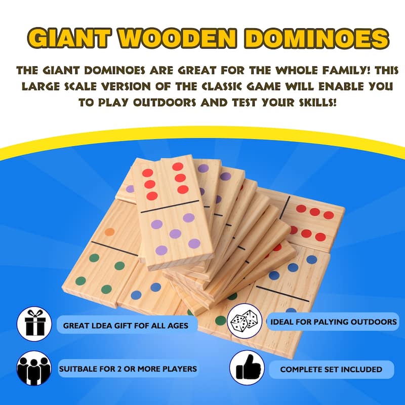 GSE™ 28-Piece Giant Wooden Dominoes with Multi-Color Dots, Jumbo Domino Tile Game Set for Outdoor Backyard Lawn Game