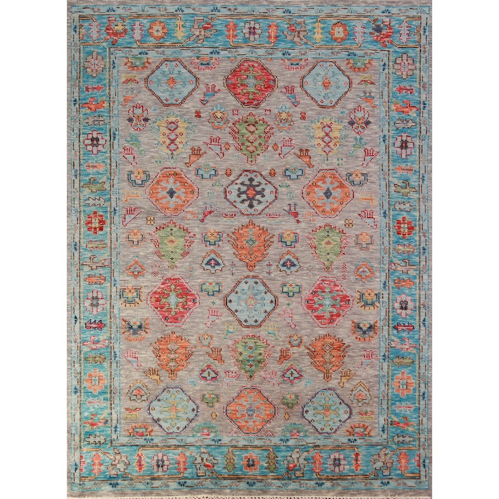 Geometric Oushak Oriental Area Rug Hand-Knotted Wool Carpet - 8'0" x 10'1"