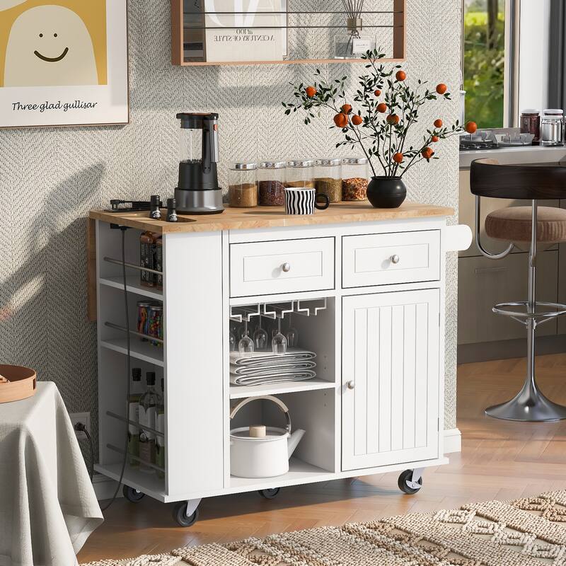 Kitchen Cart with Power Outlet,Open Storage Shelves and Wine Rack,5 Wheels,Drop Leaf and Rubber Wood