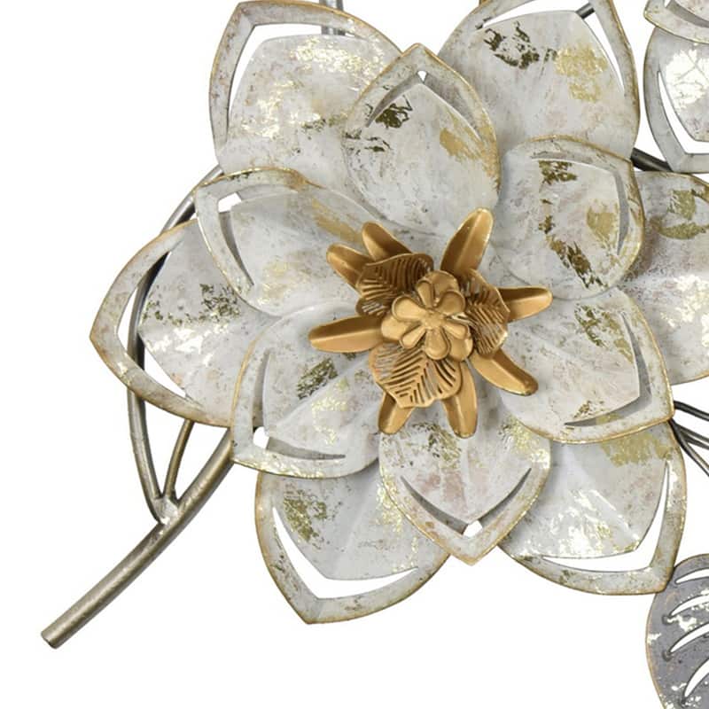 Floral Wall Decor with Gold Petals, Silver Leaves, 28 Inch White Metal