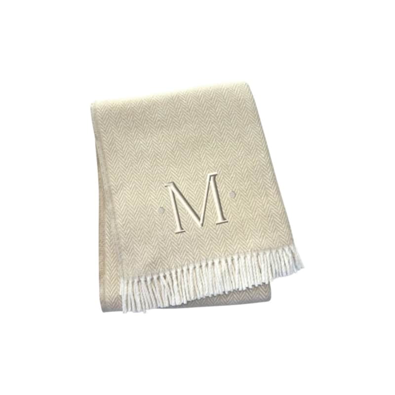 55" X 70" Linen And White Herringbone Cotton Blend S Initial Throw Blanket with Tassels And Embroidery - M