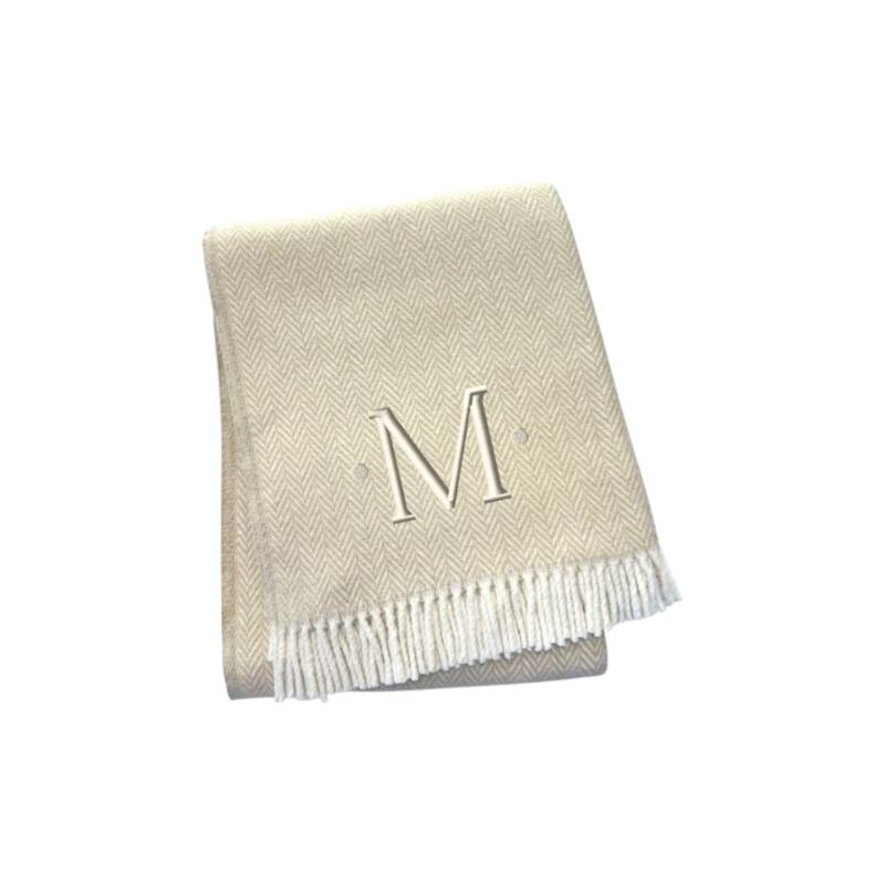 HomeRoots 55" X 70" Linen And White Herringbone Cotton Blend M Initial Throw Blanket with Tassels And Embroidery