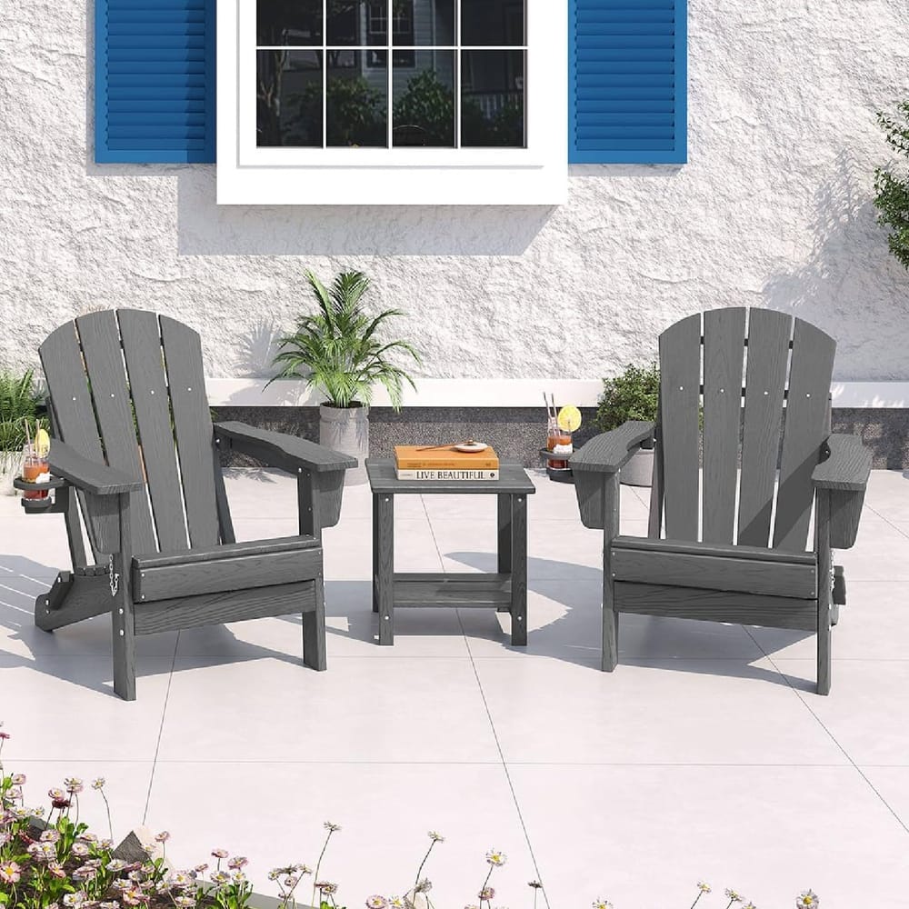 Set of 2 All-Weather HDPE Folding Adirondack Chair For Patios, Decks, Gardens with 1 Table