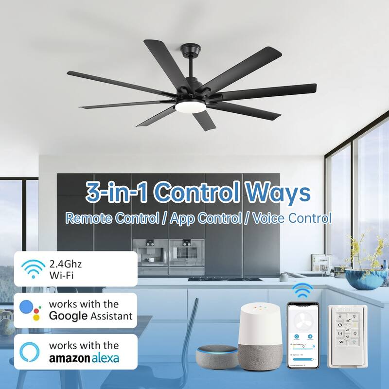 52/66/72/84 Inch Smart Ceiling Fan with Light ,Wall Switch, APP Control,Dimmable LED,8 Blades