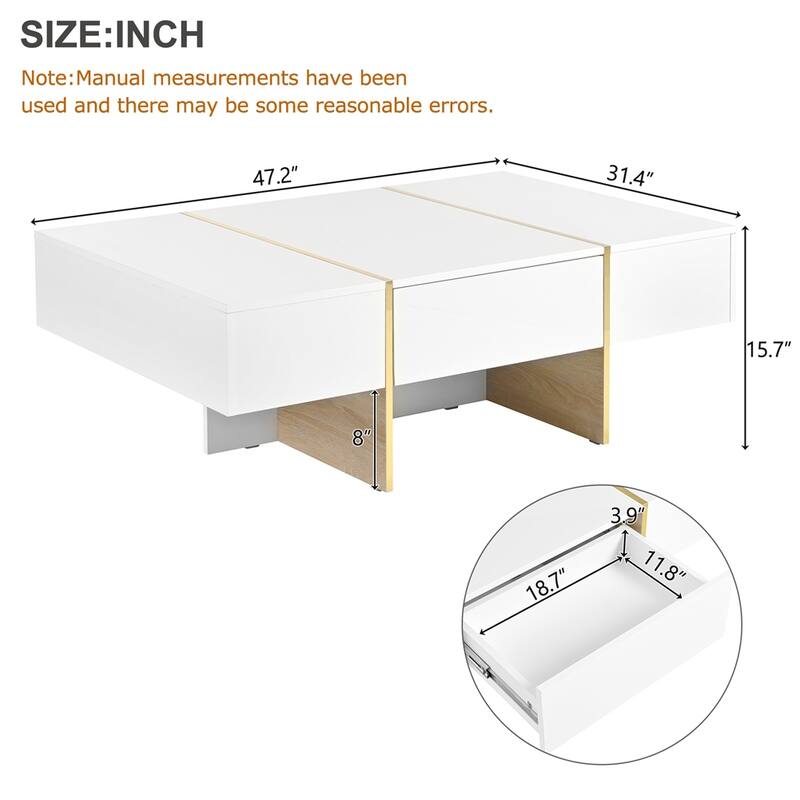 Coffee Table, Modern Retro Rectangular Side Table, High Gloss Coffee Table End Tables With 2 Drawers For Office Home