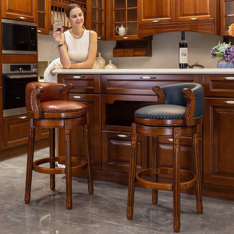Upholstered 360 Degree Swivel Barstool with Back - Brown-36.6" H