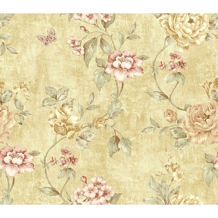 Seabrook Design Demeter Floral Trail Unpasted Wallpaper - 20.5 in W x 33 ft. L - Metallic Honey & Strawberry