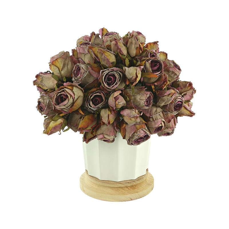 Dried Rose Bundle in a Ceramic Pot with Wooden Base - Purple, White
