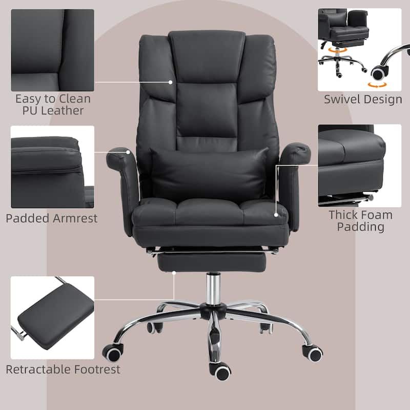Black Leather Ergonomic Chair Reclining Chair with Footrest, Office Executive Chair Swivel Chair with Lumbar Support