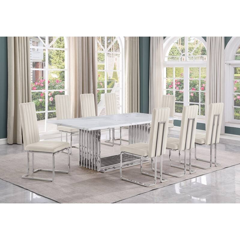Best Quality Furniture D312/3-SC340-7 Dining Set with 79" White Marble Top - 9-Piece - Cream / Silver