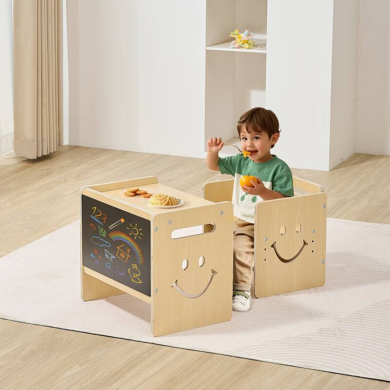 Natural Wood Poplar Montessori Table Set with Chalkboard & Adjustable Height - 16.7 x 11.8 x 15.2 in