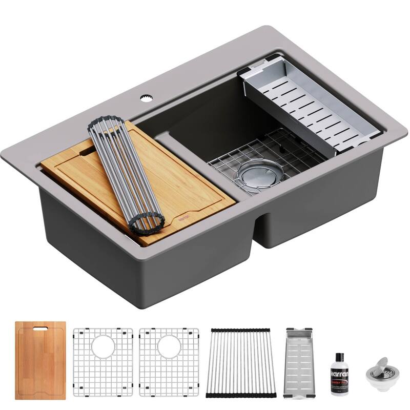 Karran USA QTWS-880 33" Drop In Double Basin Quartz Composite Kitchen - Concrete
