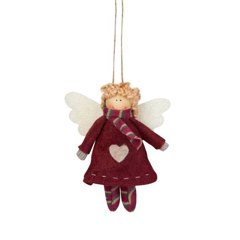 Angel Girl with Wings Hanging Christmas Ornament - 4.25" - Burgundy and Beige