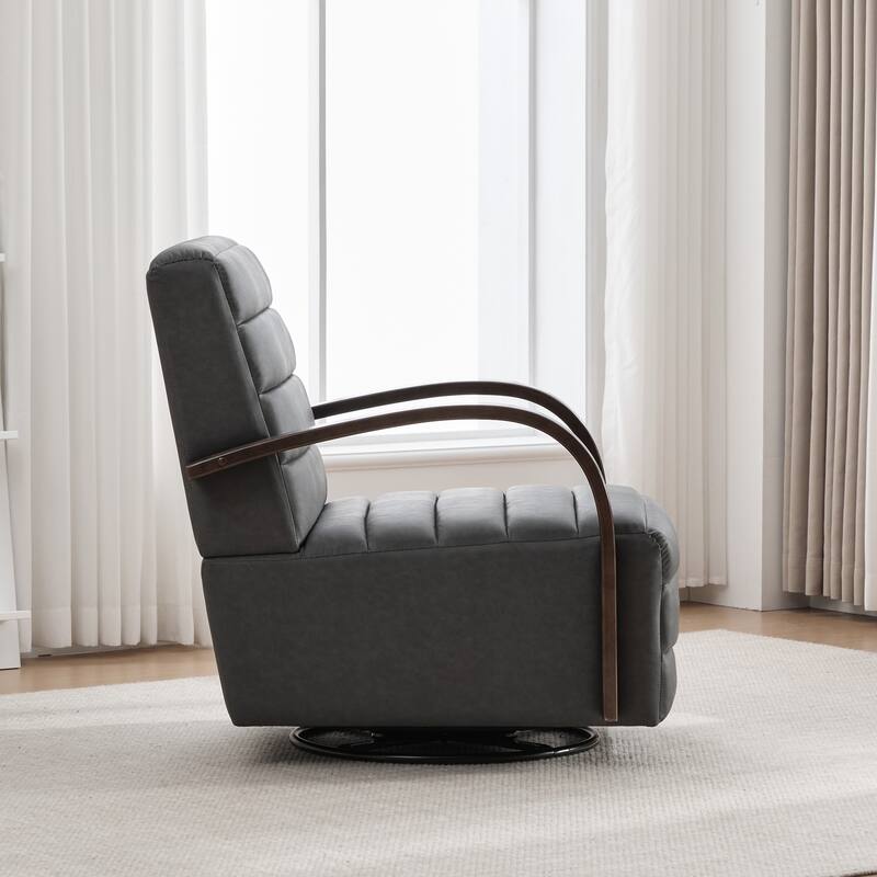 30.3"W Upholstered Swivel Accent Chair with Solid Wood Armrests, Channel Tufted Lounge Chair Single Reading Sofa Chair