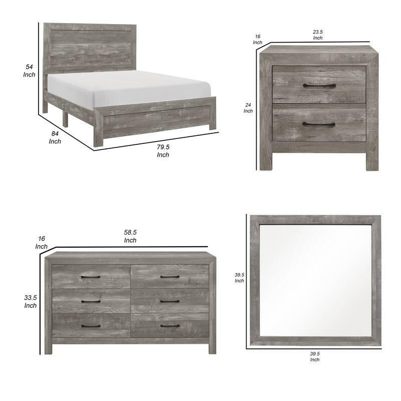 Ko Four Piece King Size Bedroom Set, Panel Detailings, Black Metal Handles, Rustic Gray