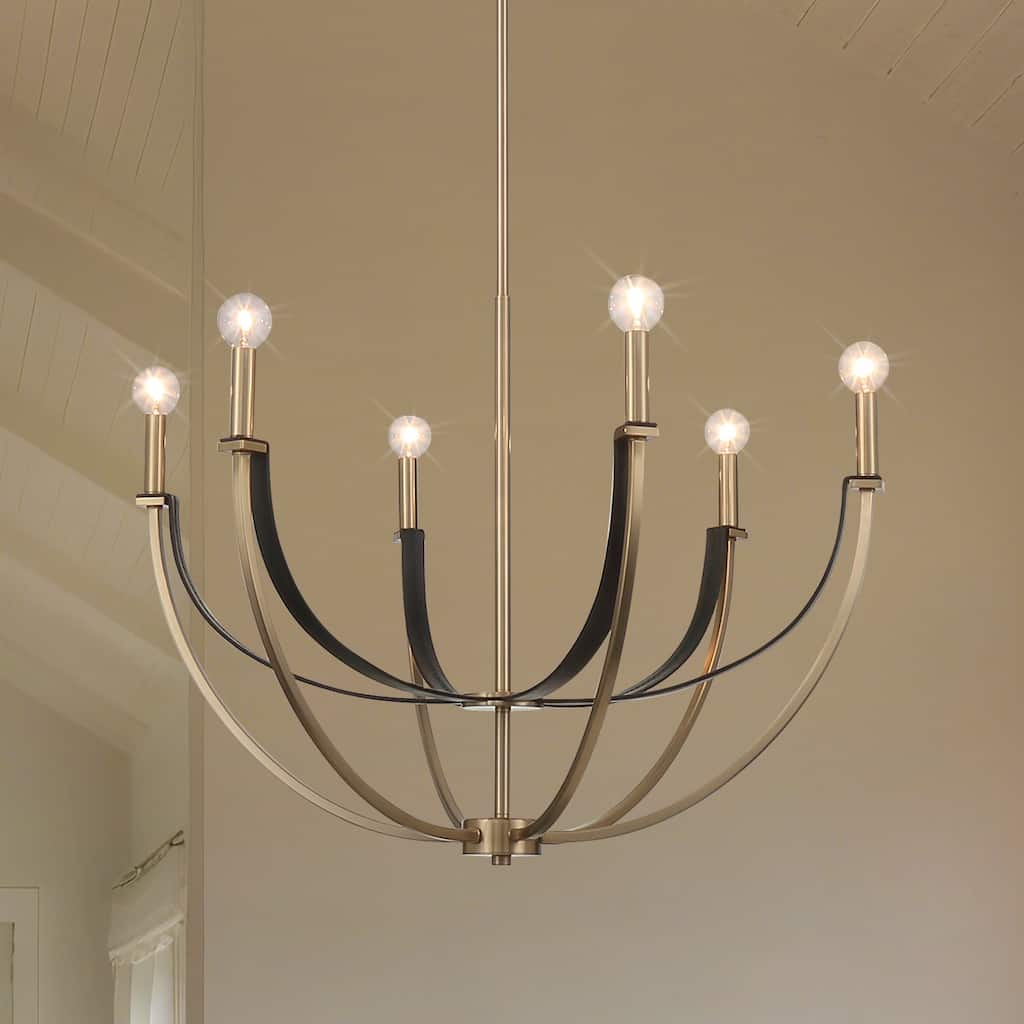 Thesis Sussex 29-inch 6-light Champagne Gold and Black Faux Leather Chandelier - L: 28.75" x W: 28.75" x H: 22.25" x M-H: 79.25"