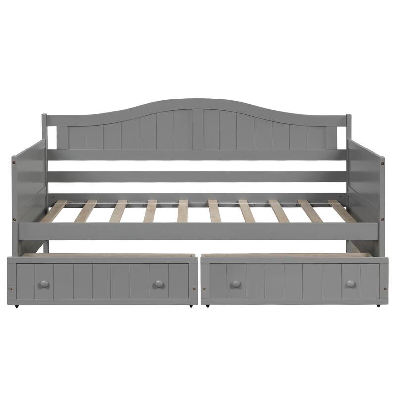 Classic Twin Size Daybed Storage Platform Bed with 2 Drawers, Armrest and Arched Backrest, Sofa Bed for Bedroom Living Room