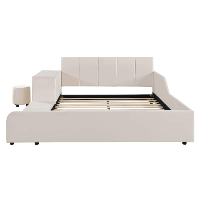 Full Size Upholstered Mother & Child Platform Bed w/ Bedside Desk & Little Round Stool