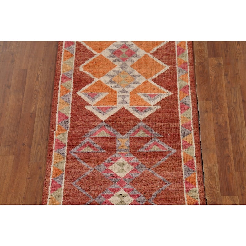 Orange Anatolian Turkish Vintage Runner Rug Hand-Knotted Wool Carpet - 2'9"x 12'9"