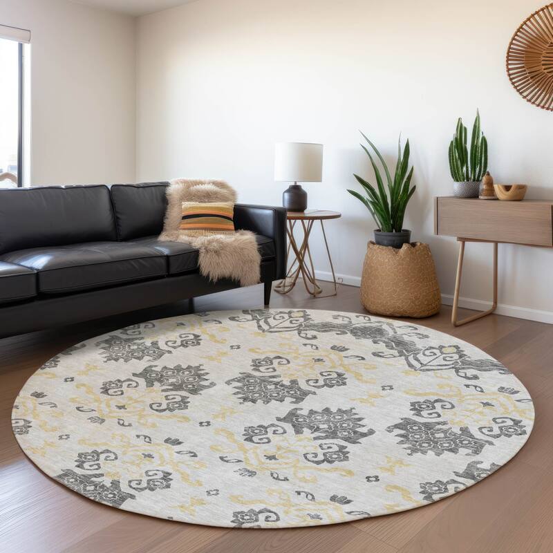 Machine Washable Indoor/ Outdoor Chantille Damask Medallion Rug