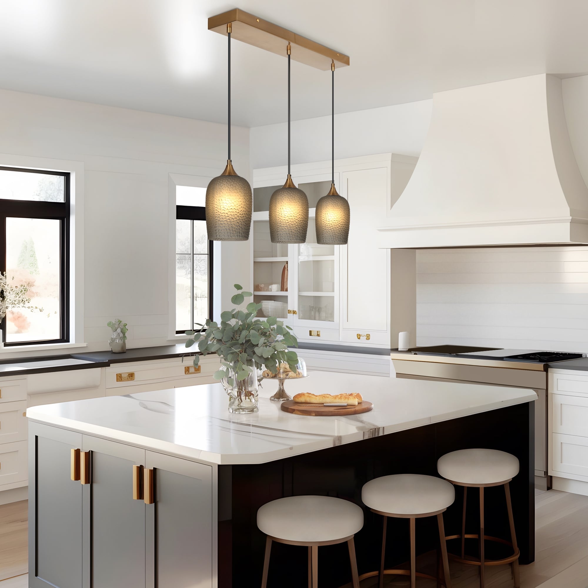 Modern Farmhouse 3-Light Island Chandelier with Gray Glass Shades for Kitchen Island Dining Room - W28" x H70.3" Max