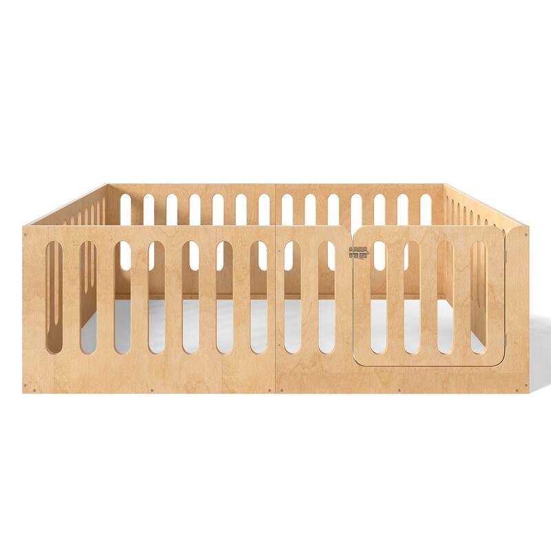 Toddlers Montessori Floor Bed with High Fence, Door, Low Profile Platform Bed Frame for Kids with No Box Spring Needed, No Slats
