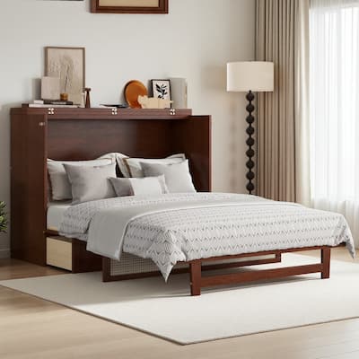 Queen Size Murphy Bed, Pine Wood Cabinet Bed with Rattan Decoration and Storage Drawer