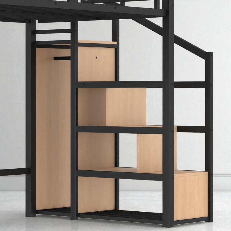 Metal Loft Bed Twin XL/Full/Queen with Storage Stairs, Built-in Wardrobe, USB Ports and LED Lights