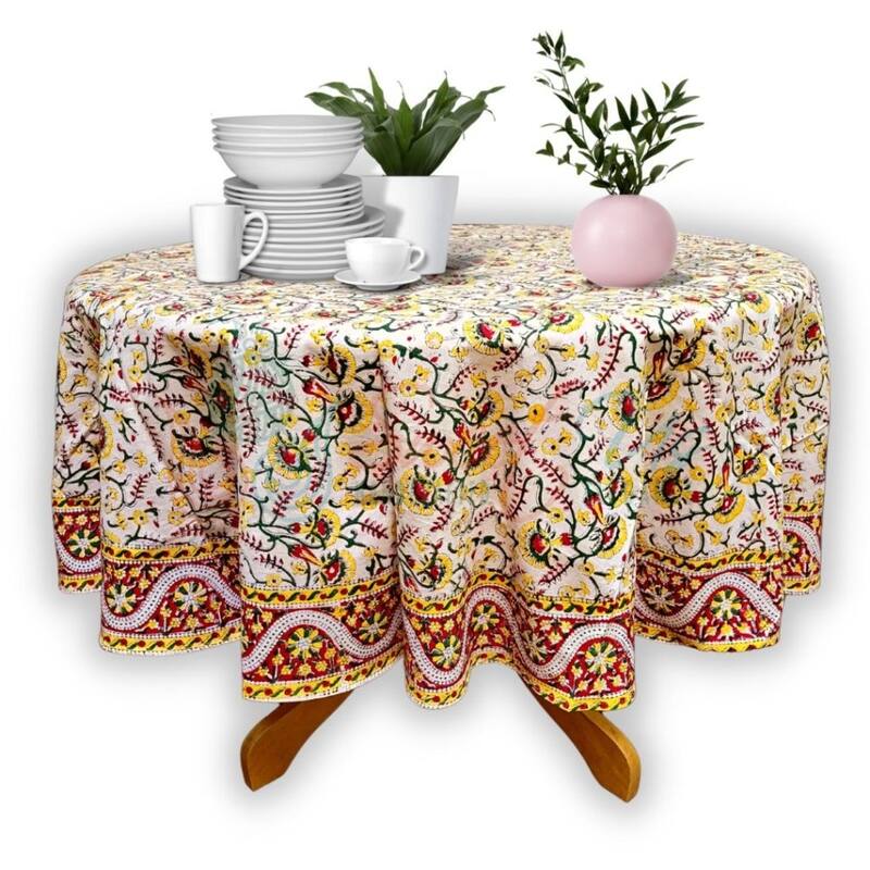 Block Print Tablecloth Round, Floral Vine, Olive - Paisley Elephant Olive Green Yellow Red - 72 in. Round - Paisley Elephant Olive Green Yellow Red