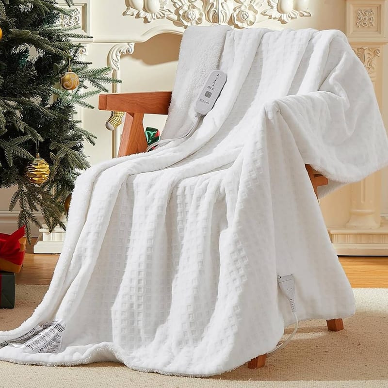 Waffle Soft Flannel & Sherpa Heated Throw Electric Blanket, White - 90*100 inch