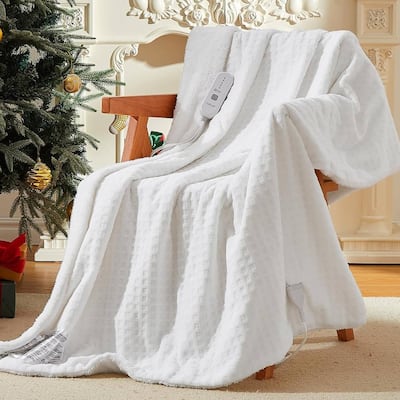 Waffle Soft Flannel & Sherpa Heated Throw Electric Blanket, White