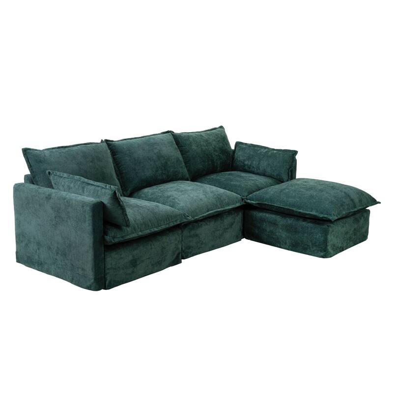 93.31" Linen Modular Sectional Sofa with Movable Ottoman, Solid Wood Frame, and High-Resilience Foam Cushions