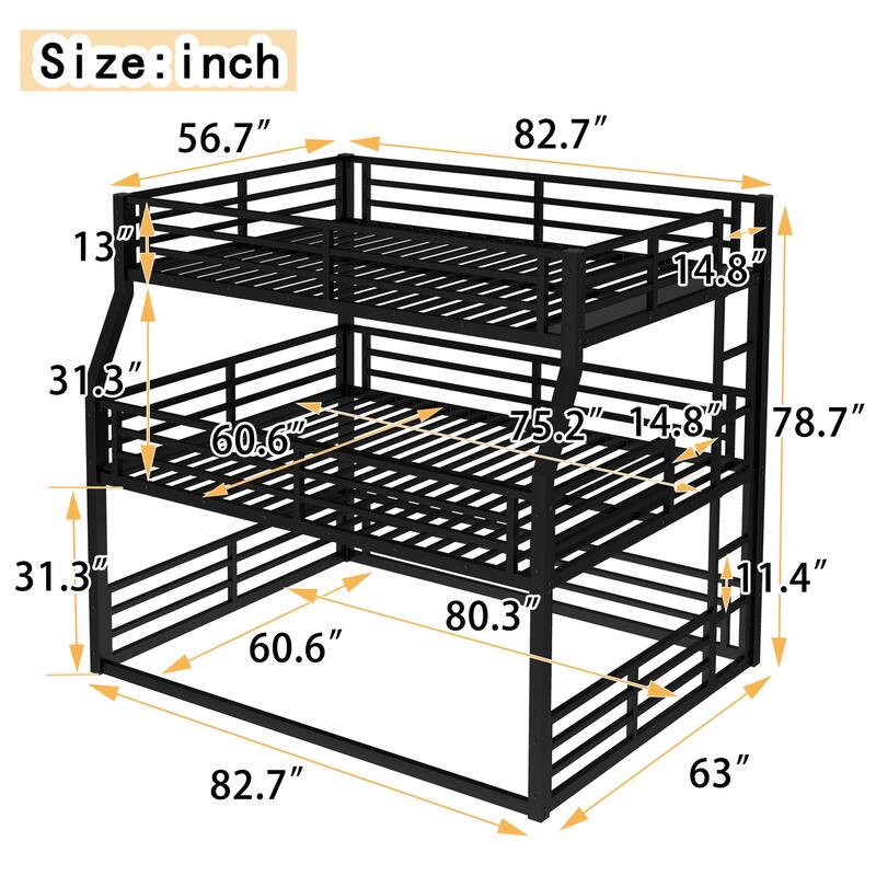 Metal Triple Bunk Bed Frame, Heavy Duty Metal Bunk Bed Frame, Floor Triple Bunk Bed with Safety Guardrails