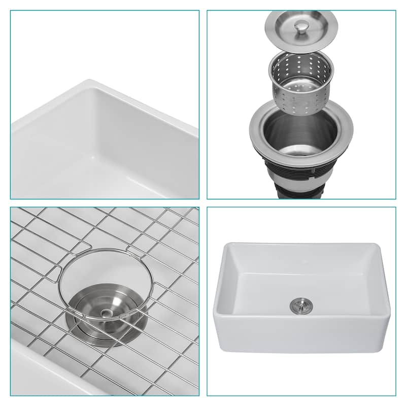 30'' White Farmhouse Single Bowl Ceramic Kitchen Sink - 30'' x 20'' x 10''