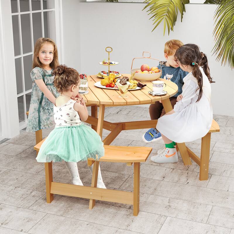 Gymax Kids Outdoor Wooden Picnic Table & Bench Set w/Umbrella Hole &
