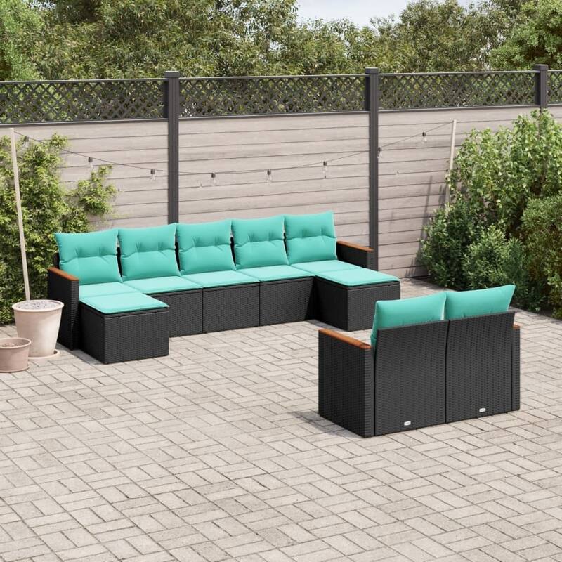 vidaXL 9 Piece Patio Sofa Set with Cushions Black Poly Rattan - 21.7x27.2x24.4 - Without table