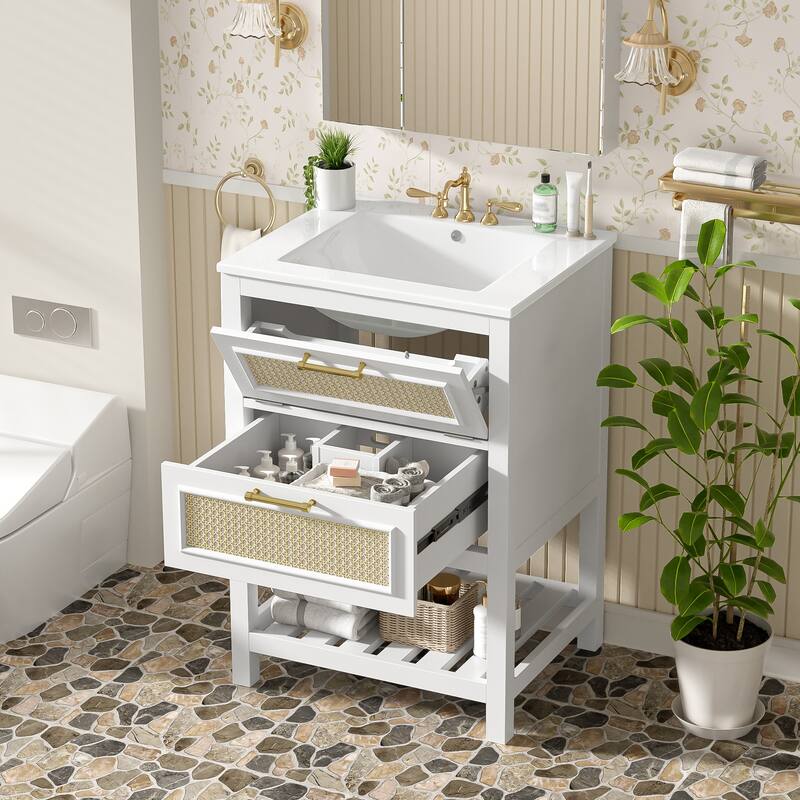 24" Bathroom Vanity with Ceramic Sink - Cabinet with 1 Deep Drawer & Tip-Out Drawer for Small/Medium Bathrooms