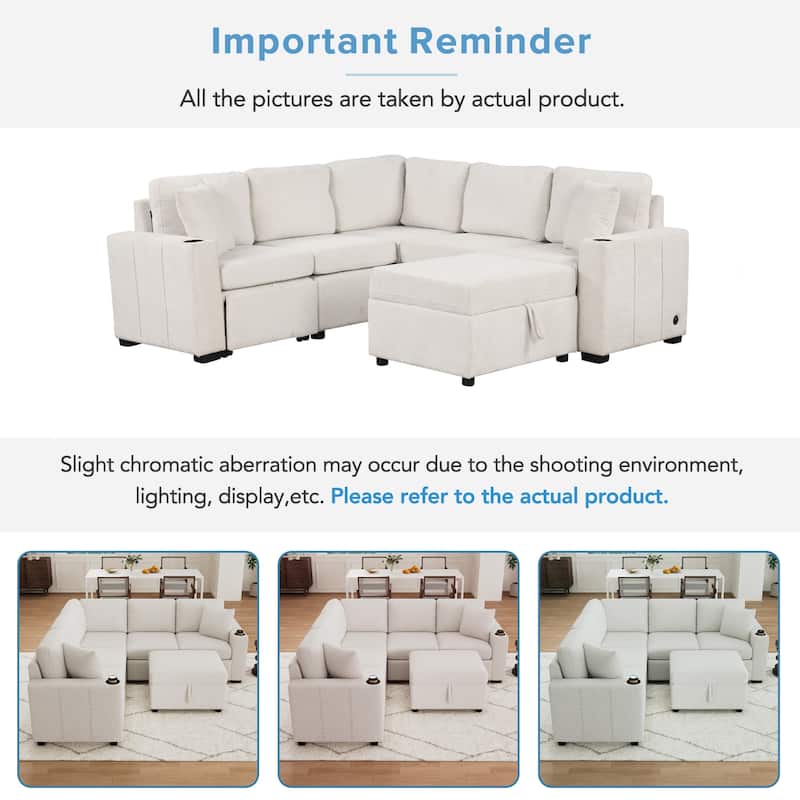 84.7" Modular Sectional Sofa Convertible Pull-Out Bed U-Shape L-Shape Couch with Storage Ottoman USB Ports Cup Holders